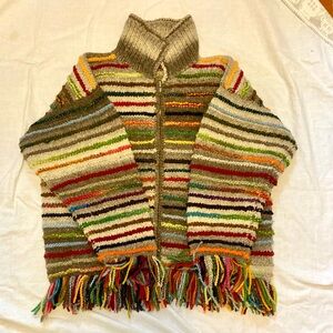 Hand Knit Fringe Multicolor Sweater Ecuador 100% Wool XXL